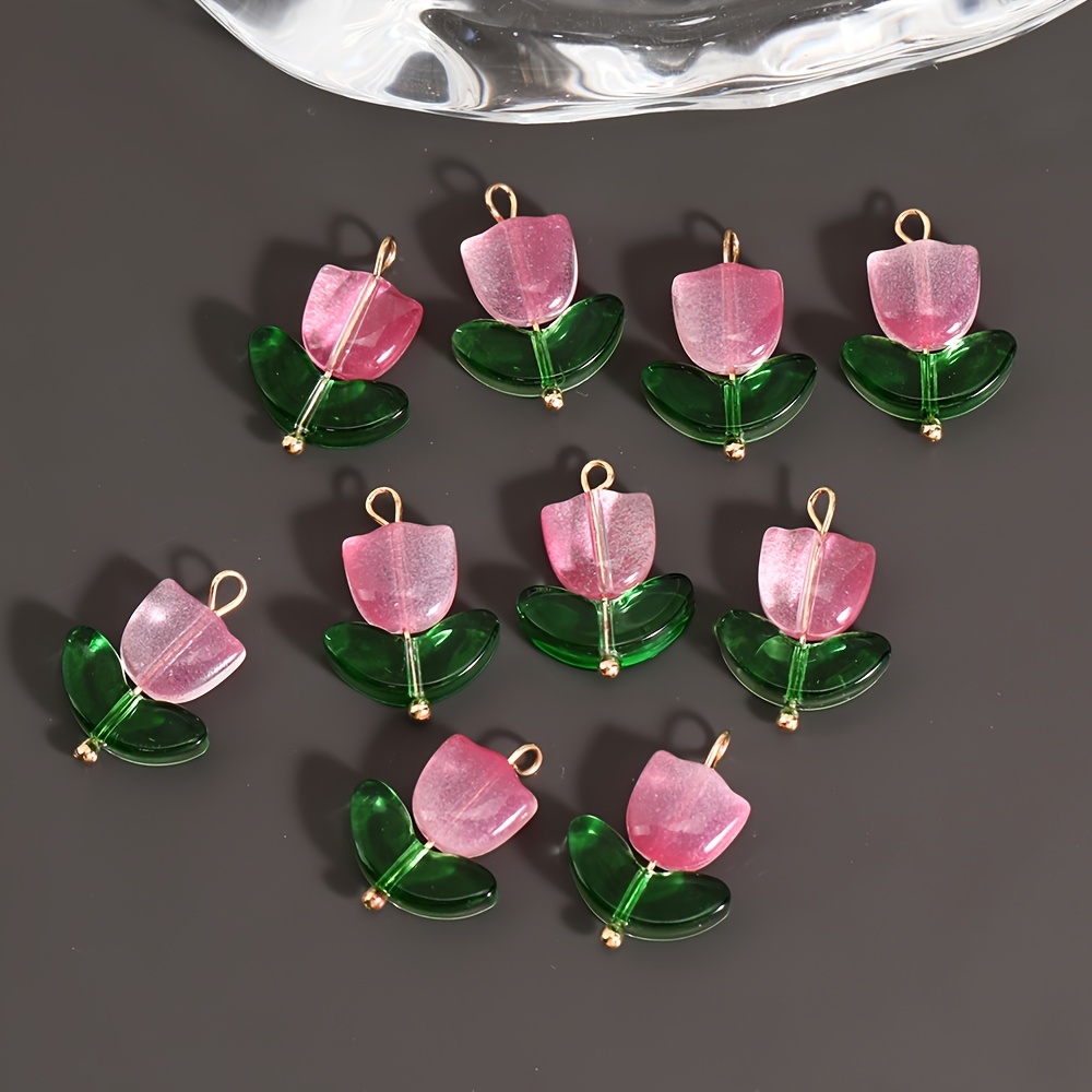 10pcs Glass Tulip Flower Pendants with 3D Leaves Multicolor Necklace Charms